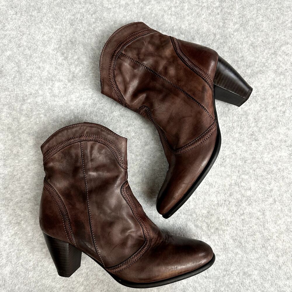 Sesto Meucci Italian Leather Ankle Boot Size 8 Western Bootie Brown Block Heel - Picture 8 of 12